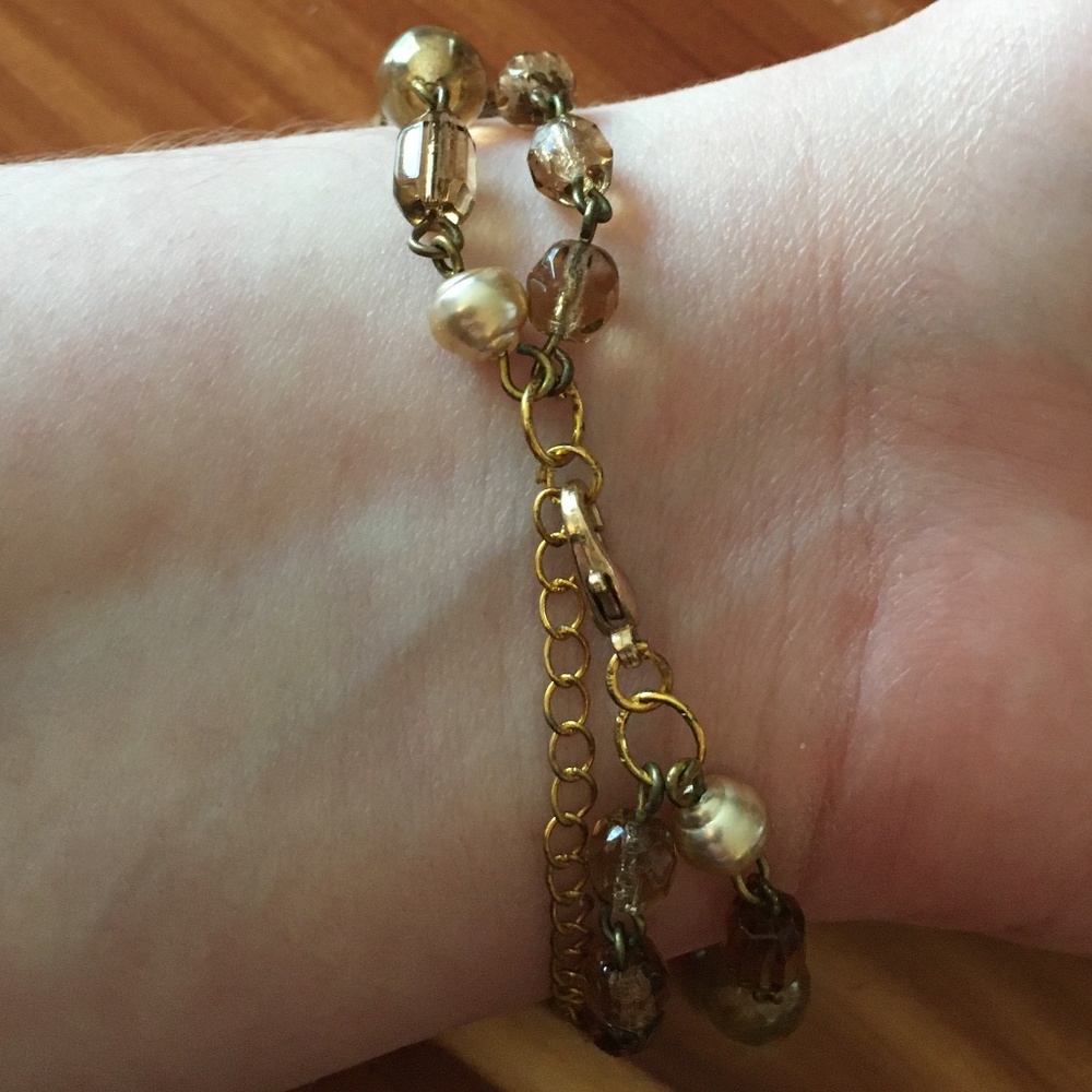 Handmade Brown Rhinestone Circle + Amber & Gold Beads Bracelet, Vintage Beads - Picture 5 of 8